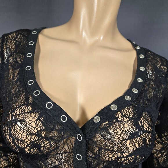 Y2K Black Lace Gothic Fairy Top Size S V Neck Semi Sheer Snap Buttons Whimsigoth - Picture 2 of 7